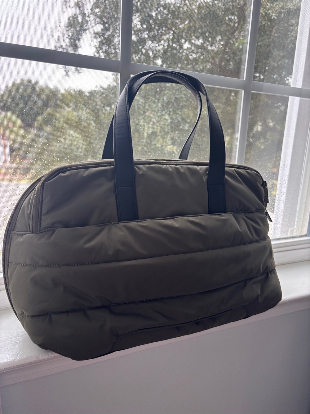 AWAY Olive Green Quilted Duffel Bag with Black Handles